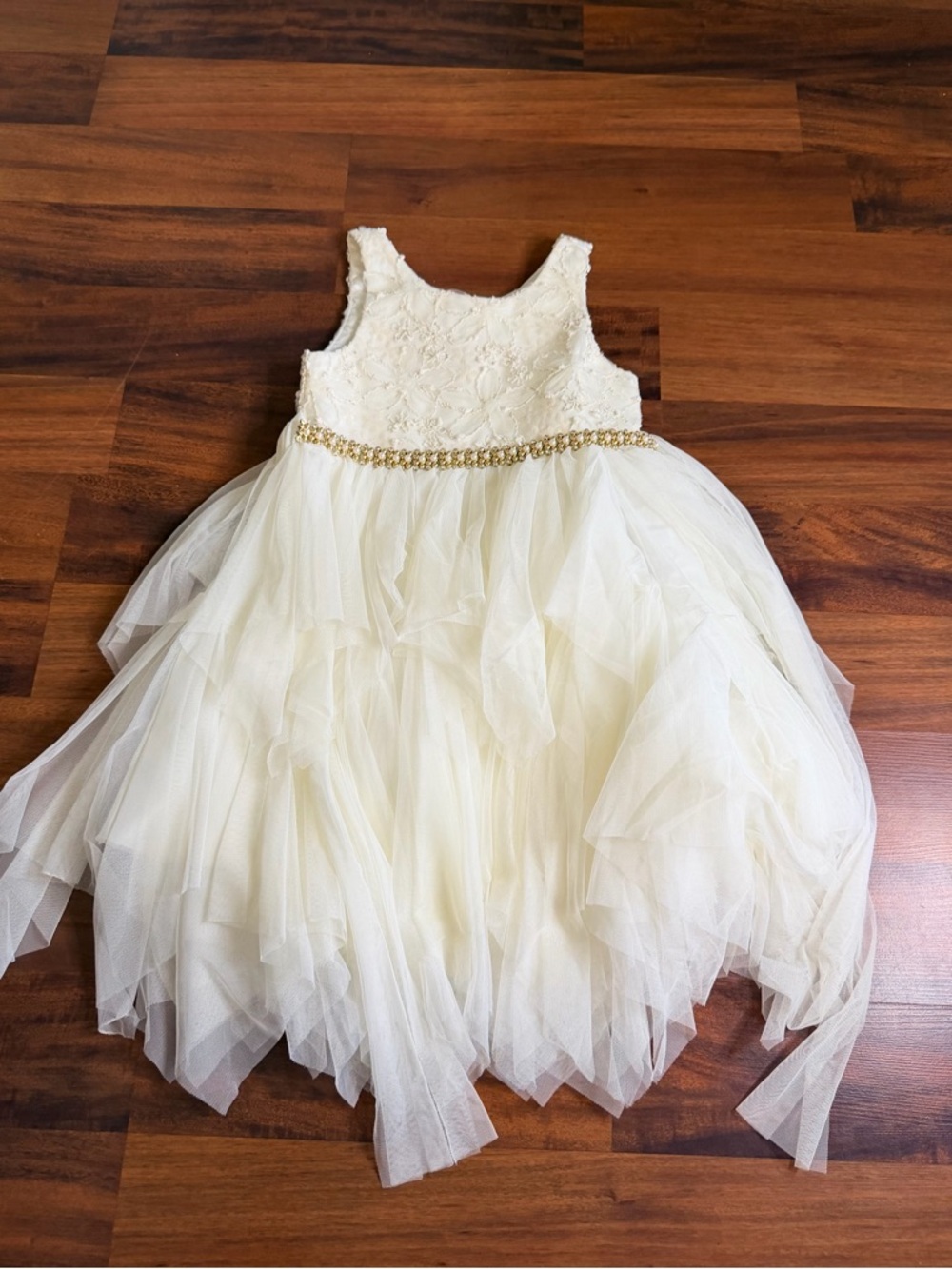 American Princess Ivory Tulle Flower Girl Dress 6X/7 Gold Beaded Formal